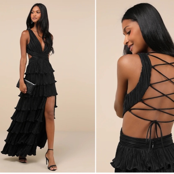 LULU's Prom Wedding Bridesmaid Pleated Tiered Ruffles Boho Black Satin Maxi Dres - Picture 1 of 5